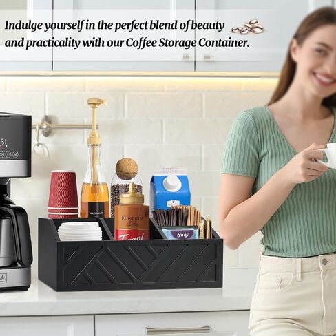 Farmhouse Coffee Station Organizer - Wood Countertop Coffee Bar Accessory Holder, Pod Syrup Condiment Organizer (Black) in Kuwait