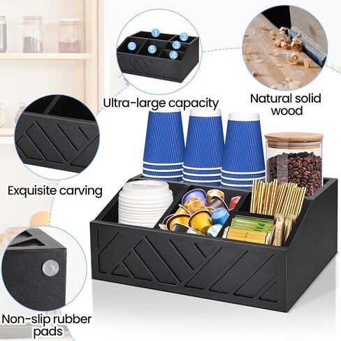 Farmhouse Coffee Station Organizer - Wood Countertop Coffee Bar Accessory Holder, Pod Syrup Condiment Organizer (Black) in Kuwait