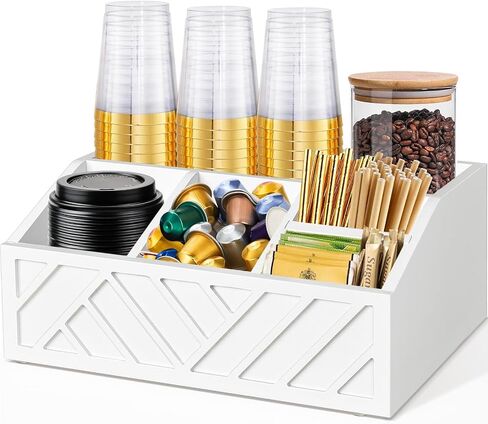 Farmhouse Coffee Station Organizer - Wood Countertop Coffee Bar Accessory Holder, Pod Syrup Condiment Organizer (Black) in Kuwait