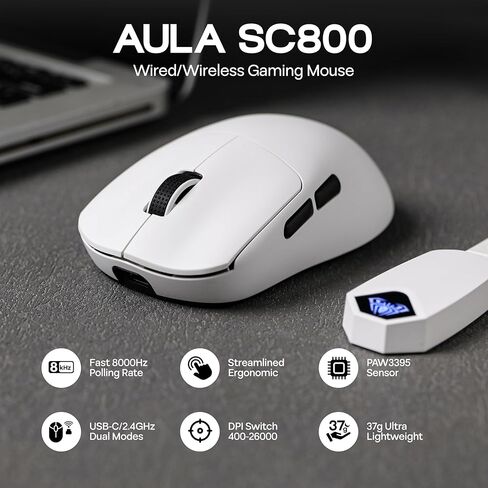 AULA SC800 Gaming Mouse مع 26000 نقطة في البوصة ، مستشعر PAW3395 ، 8000 معدل استطلاع ، الماوس اللاسلكي الخفيف الوضع المزدوج ، فائقة الالتزام ودائم للألعاب و Esports واستخدام المكتب (أسود) in Kuwait