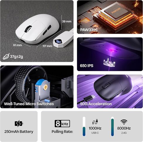 AULA SC800 Gaming Mouse مع 26000 نقطة في البوصة ، مستشعر PAW3395 ، 8000 معدل استطلاع ، الماوس اللاسلكي الخفيف الوضع المزدوج ، فائقة الالتزام ودائم للألعاب و Esports واستخدام المكتب (أسود) in Kuwait