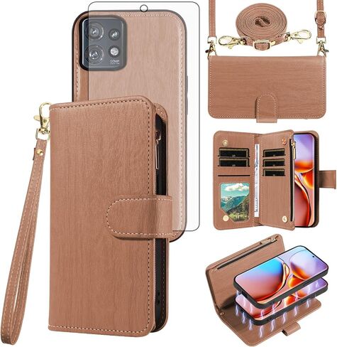 Asuwish Phone Case for Motorola Edge+ Plus 2023/Edge 40 Pro 5G/Moto X40 Zipper Wallet Magnetic Detachable Cell Cover with Tempered Glass Screen Protector Crossbody Strap Card Holder X + Women Brown in Saudi Arabia