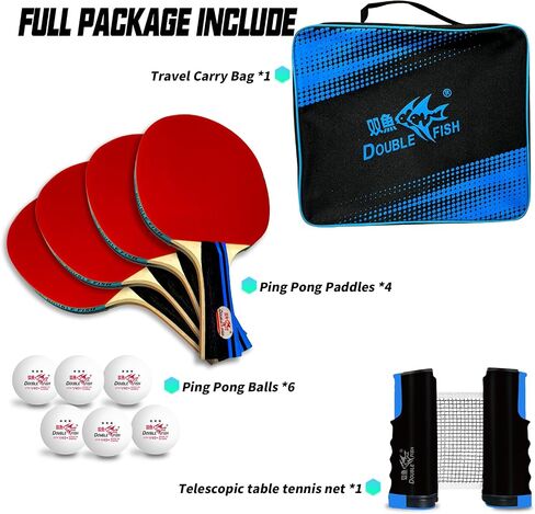 DOUBLE FISH Ping Pong Paddles Set of 4 with 6pcs 3-Star Balls & Storage Case - 4 Players High Performance Table Tennis Paddles Kit for Entertainment or Competition in Saudi Arabia