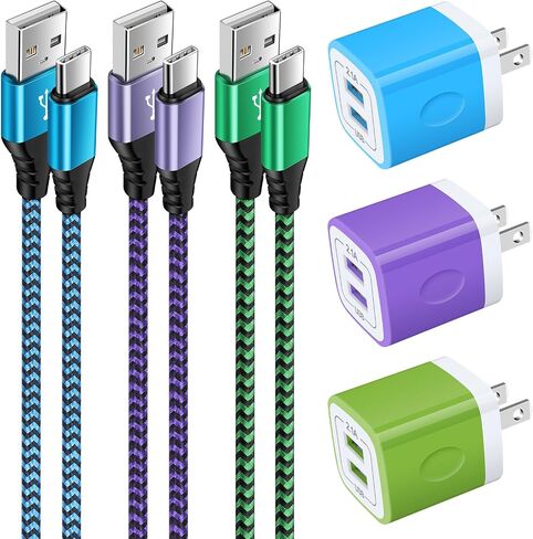 شاحن الجدار كتلة المكونات مزدوجة المنفذ USB C مع 2pack 6ft 6ft شحن سلك C كبل C ل Samsung Galaxy S24 S23 S22 S21 S20 S9 A15 A03S A14 iPhone 16 15 14 ، Google Pixel 9 Pro XL 8 7 6 Pro 8a in Kuwait