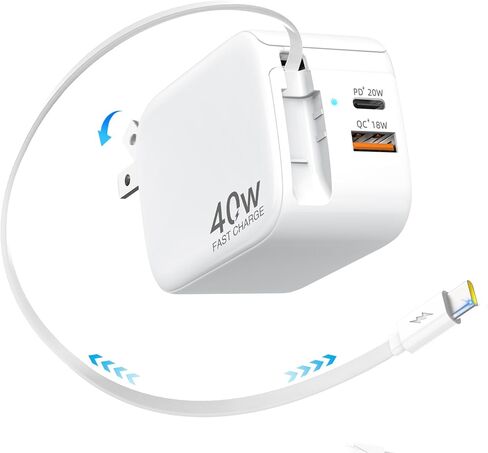 Retractable Wall Charger, 40W for iPhone Charger Fast Charging with 35.4in Retractable Lightening Cable, 3-Port USB C Charging Block with Foldable Plug for iPhone 14 13 12 11 iPad Pixel Galaxy in Kuwait