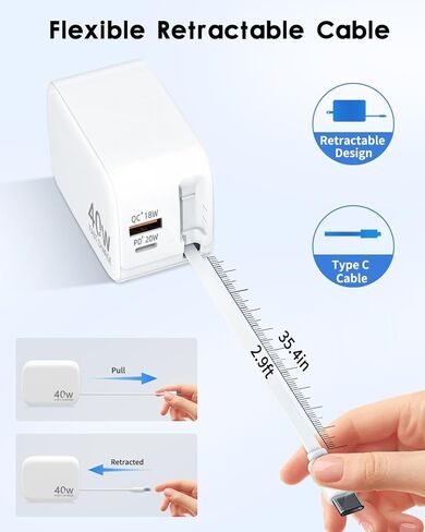 Retractable Wall Charger, 40W for iPhone Charger Fast Charging with 35.4in Retractable Lightening Cable, 3-Port USB C Charging Block with Foldable Plug for iPhone 14 13 12 11 iPad Pixel Galaxy in Kuwait