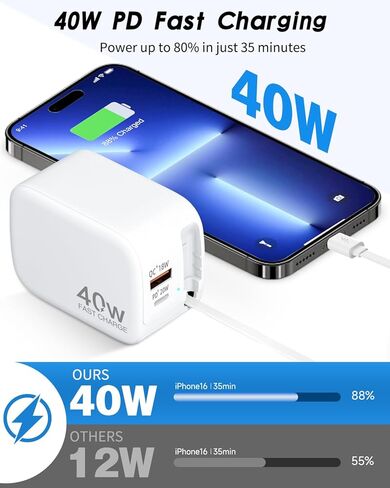 Retractable Wall Charger, 40W for iPhone Charger Fast Charging with 35.4in Retractable Lightening Cable, 3-Port USB C Charging Block with Foldable Plug for iPhone 14 13 12 11 iPad Pixel Galaxy in Kuwait