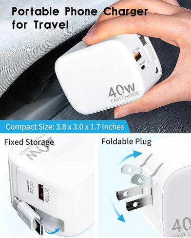 Retractable Wall Charger, 40W for iPhone Charger Fast Charging with 35.4in Retractable Lightening Cable, 3-Port USB C Charging Block with Foldable Plug for iPhone 14 13 12 11 iPad Pixel Galaxy in Kuwait