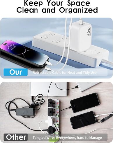 Retractable Wall Charger, 40W for iPhone Charger Fast Charging with 35.4in Retractable Lightening Cable, 3-Port USB C Charging Block with Foldable Plug for iPhone 14 13 12 11 iPad Pixel Galaxy in Kuwait