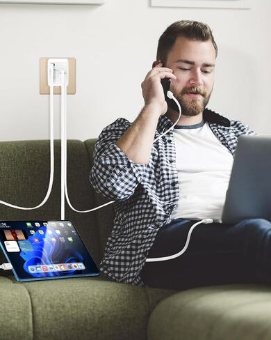 Retractable Wall Charger, 40W for iPhone Charger Fast Charging with 35.4in Retractable Lightening Cable, 3-Port USB C Charging Block with Foldable Plug for iPhone 14 13 12 11 iPad Pixel Galaxy in Kuwait