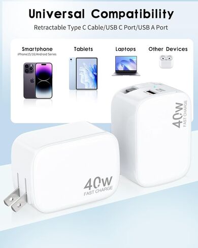 Retractable Wall Charger, 40W for iPhone Charger Fast Charging with 35.4in Retractable Lightening Cable, 3-Port USB C Charging Block with Foldable Plug for iPhone 14 13 12 11 iPad Pixel Galaxy in Kuwait