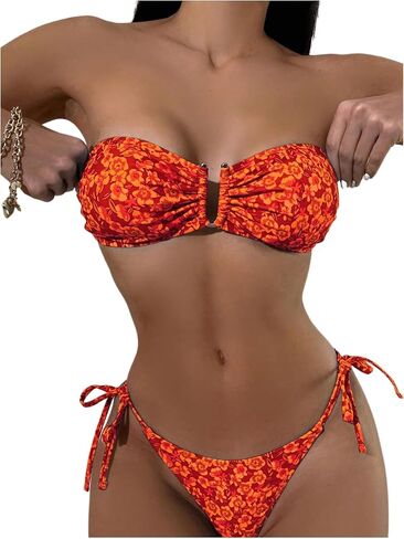 WDIRARA Women's Floral Print Bandeau Tie Side Bikini Set Strapless Swimsuit Two Piece Bathing Suit in Saudi Arabia