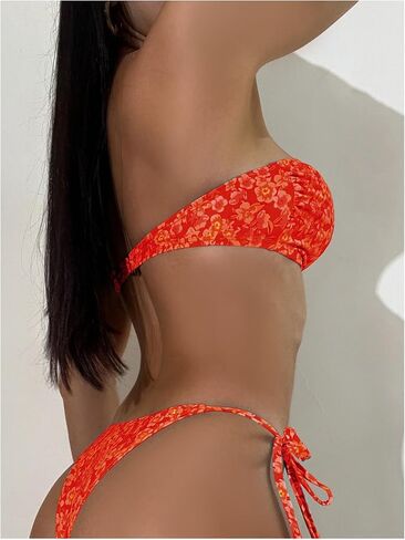 WDIRARA Women's Floral Print Bandeau Tie Side Bikini Set Strapless Swimsuit Two Piece Bathing Suit in Saudi Arabia