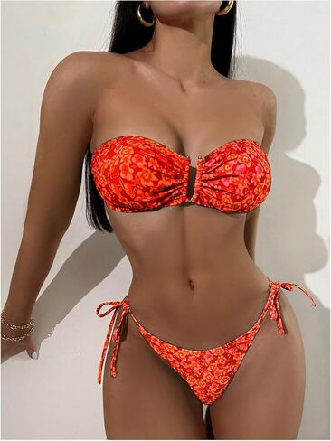 WDIRARA Women's Floral Print Bandeau Tie Side Bikini Set Strapless Swimsuit Two Piece Bathing Suit in Saudi Arabia