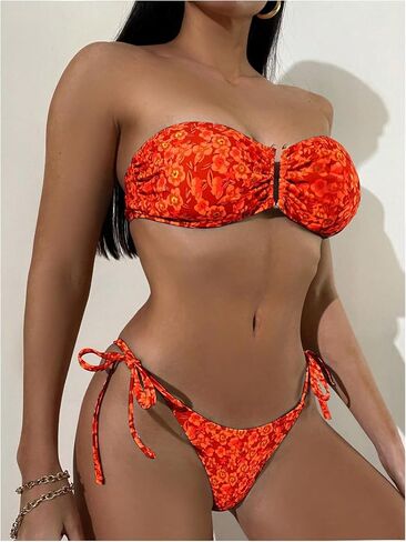 WDIRARA Women's Floral Print Bandeau Tie Side Bikini Set Strapless Swimsuit Two Piece Bathing Suit in Saudi Arabia
