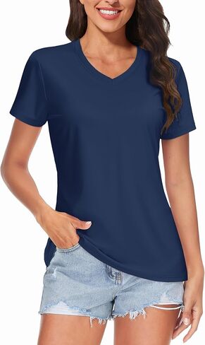 تي شيرت TACVASEN للسيدات بعامل حماية من أشعة الشمس 50+ للحماية من الشمس ورقبة على شكل حرف V وأكمام قصيرة تي شيرت سريع الجفاف للمشي لمسافات طويلة والجري والتمارين in Kuwait