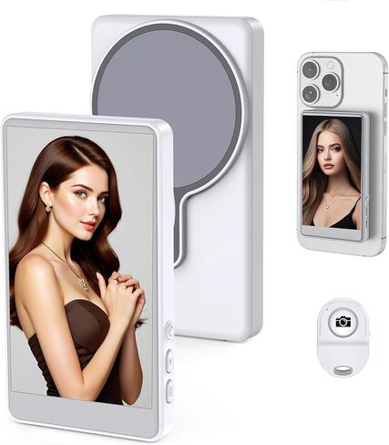 Selfie Monitor Screen for iPhone, Rear Back Camera for Selfie Vlog Live Stream, Wireless Connection with Remote Control Magnetic Mount for iPhone Samsung Galaxy, and More (White, 4 Inch) in Kuwait