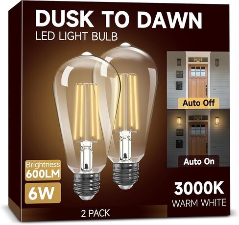 Dusk to Dawn Light Bulbs, Outdoor Light Bulbs, ST64 6W Equivalent 60W, 2700K Soft White, 600LM LED Outdoor Lighting, E26 Base, Photocell Sensor, Auto On/Off Bulb for Porch Patio Garage, 4 Pack in Saudi Arabia