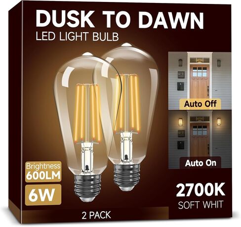 Dusk to Dawn Light Bulbs, Outdoor Light Bulbs, ST64 6W Equivalent 60W, 2700K Soft White, 600LM LED Outdoor Lighting, E26 Base, Photocell Sensor, Auto On/Off Bulb for Porch Patio Garage, 4 Pack in Saudi Arabia