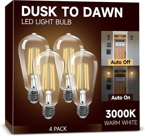 Dusk to Dawn Light Bulbs, Outdoor Light Bulbs, ST64 6W Equivalent 60W, 2700K Soft White, 600LM LED Outdoor Lighting, E26 Base, Photocell Sensor, Auto On/Off Bulb for Porch Patio Garage, 4 Pack in Saudi Arabia