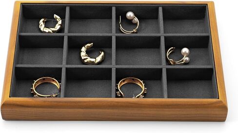 Oirlv Solid Wood 12 Grid Jewelry Organizer Tray Jewelry Drawer Organizer for Rings Earrings Storage Display（Black） in Kuwait