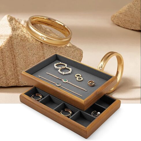 Oirlv Solid Wood 12 Grid Jewelry Organizer Tray Jewelry Drawer Organizer for Rings Earrings Storage Display（Black） in Kuwait