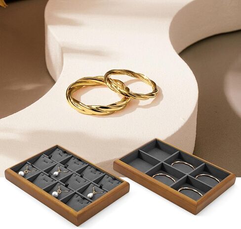 Oirlv Solid Wood 12 Grid Jewelry Organizer Tray Jewelry Drawer Organizer for Rings Earrings Storage Display（Black） in Kuwait