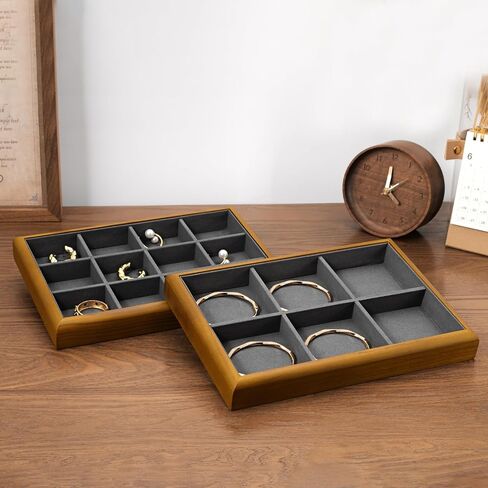 Oirlv Solid Wood 12 Grid Jewelry Organizer Tray Jewelry Drawer Organizer for Rings Earrings Storage Display（Black） in Kuwait