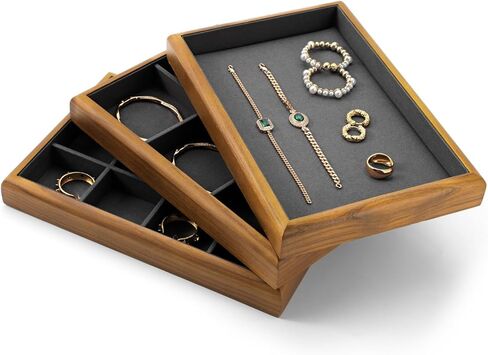 Oirlv Solid Wood 12 Grid Jewelry Organizer Tray Jewelry Drawer Organizer for Rings Earrings Storage Display（Black） in Kuwait