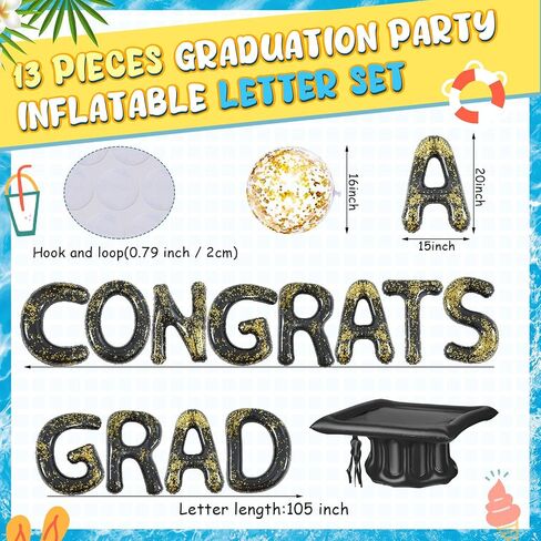 Sumind 15 Pcs Congrats Grad Inflatable Pool Floats Letter Set Graduation Hat Pool Float 20 Inch Inflatable Pool Balloons Floatie Decorations for Pool Graduation Party with Adhesive Dots Sticker in Saudi Arabia
