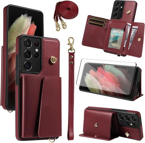 Asuwish Phone Case for Samsung Galaxy S21 Ultra 5G Wallet Cover with Tempered Glass Screen Protector and Card Holder Slot Kickstand Wrist Strap Lanyard S21ultra 21S S 21 21ultra G5 Women Men Wine Red in Saudi Arabia