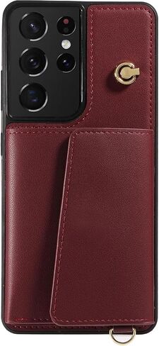 Asuwish Phone Case for Samsung Galaxy S21 Ultra 5G Wallet Cover with Tempered Glass Screen Protector and Card Holder Slot Kickstand Wrist Strap Lanyard S21ultra 21S S 21 21ultra G5 Women Men Wine Red in Saudi Arabia