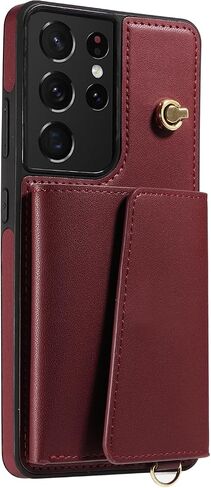 Asuwish Phone Case for Samsung Galaxy S21 Ultra 5G Wallet Cover with Tempered Glass Screen Protector and Card Holder Slot Kickstand Wrist Strap Lanyard S21ultra 21S S 21 21ultra G5 Women Men Wine Red in Saudi Arabia