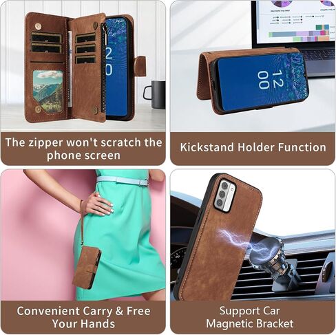حالة الهاتف ASUWISH لـ Nokia G42 5G / NOKIA G310 5G (6.56 ") سستة محفظة غطاء مغناطيسي قابلة للفصل مع حامي الشاشة Crossbody Lanyard Lrist Nokiag42 Nokiag310 Girls Brown in Kuwait