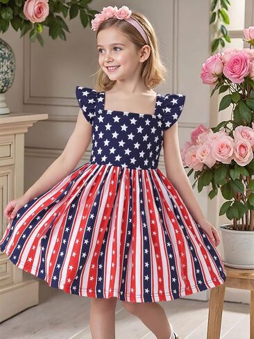 Popshion Girls Dresses Flutter Sleeve Swing Sundress Toddler Summer Clothes Kid Birthday Party Sleeveless Dress 1-8 Years Old in Saudi Arabia