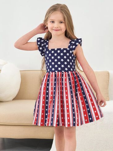 Popshion Girls Dresses Flutter Sleeve Swing Sundress Toddler Summer Clothes Kid Birthday Party Sleeveless Dress 1-8 Years Old in Saudi Arabia