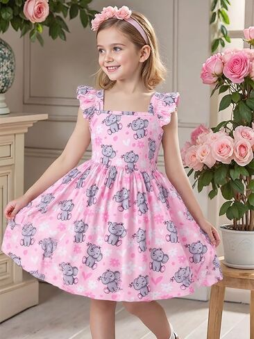 Popshion Girls Dresses Flutter Sleeve Swing Sundress Toddler Summer Clothes Kid Birthday Party Sleeveless Dress 1-8 Years Old in Saudi Arabia