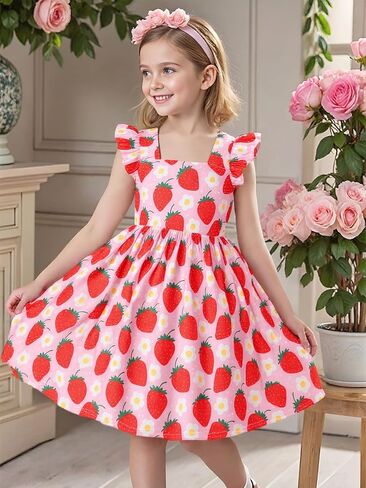 Popshion Girls Dresses Flutter Sleeve Swing Sundress Toddler Summer Clothes Kid Birthday Party Sleeveless Dress 1-8 Years Old in Kuwait