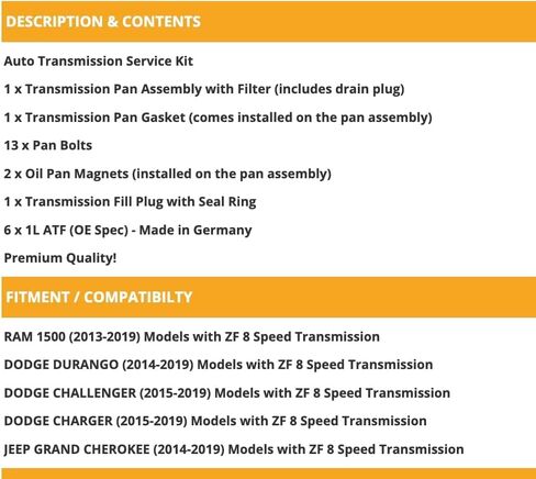 8 speed ZF Transmission Fluid & Filter Service Kit for RAM 1500, Durango, Grand Cherokee (2013-2019), Charger & Challenger (2015-2019) in Kuwait