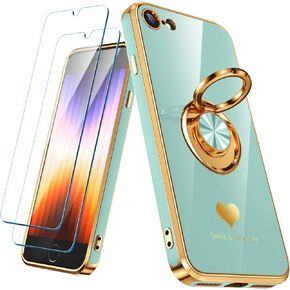 Compatible for iPhone SE/8/7 Case with 2 Pack Screen Protector, 360° Rotatable Ring Holder [Luxury Hearts Pattern] Plating Gold Edge Slim Soft Phone Case for iPhone SE/8/7 - Purple