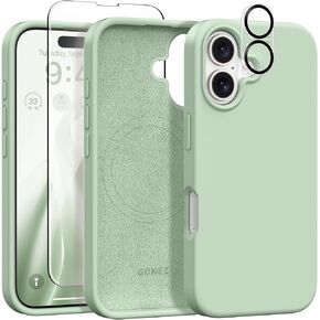 GONEZ Magnetic for iPhone 16 Case, Compatible with MagSafe, [Screen Protector + Camera Lens Protector], Silicone Shockproof Anti-Scratch Protective Phone Case 6.1 inch, Stone
