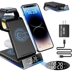 Wireless Charging Station with Alarm Clock, iPhone 3 in 1 Wireless Charger [with Clock and 30W Adapter], Fast 15W Wireless Charging Dock Stand for iPhone 16/15/14/13 Phones, Apple Watch & Airpods