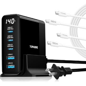 140W USB C Charging Station with Display ＆ USB C to USB C Cable 100W (2-Pack 4.9ft 5A)