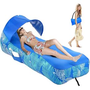 RZM قابلة للنفخ أريكة هواء متسكع مع Sunshade - الأريكة المحمولة في الهواء الطلق للماء للتخييم ، الشاطئ ، المشي لمسافات طويلة ومهرجانات الموسيقى - الإعداد السريع الأثاث خفيف الوزن مع حقيبة حمل (أزرق صافي)
