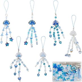 SUNNYCLUE 1 Box 380Pcs DIY 6 Sets Phone Charms Making Kit Jellyfish Phone Charm Kit Summer Ocean Hawaii Blue Phone Keychain Charms for Women Adult Keychains Moblie Phone Case Bag Camera Decororaion