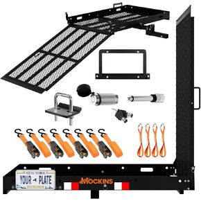 Mockins 48"x28.5"x4" Heavy Duty Trailer Hitch Cargo Carrier with Ramp for Wheelchair | 500 Lbs. Capacity Folding Steel Cargo Hitch Carrier & Scooter Ramp w/License Plate Bracket, Stabilizer & More