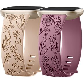 SNBLK 2 Pack Engraved Bands Only Compatible with Fitbit Versa 3/Fitbit Sense/Fitbit Versa 4/Fitbit Sense 2 Bands Four Models, Sunflower Rose Elegant Soft TPU Floral Pattern Replacement Strap Women