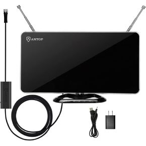 ANTOP 50 Miles Amplified Indoor HDTV Antenna with Inline Amplifier Multi-directional Reception Curved-Panel and Built-in 4G LTE Filter, 10ft Cable AT-211B