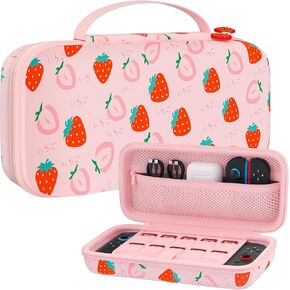 GLDRAM Strawberry Case for Nintendo Switch 2 (2025), Cute Portable Hard Shell Protective Travel Case with 10 Game Card Slots, Durable Girly Accessories Protector Storage Bag Bundle for Switch 2 - Pink