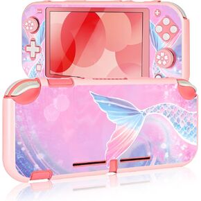 DLseego Flash Switch Lite Protective Case Cool Hard PC Shell Shockproof Scratch Resistant Cover Joy Con Anime Fishtail Skin with 2PCS Lovely Cartoon Thumb Grips Caps for Switch 2019 - Pink